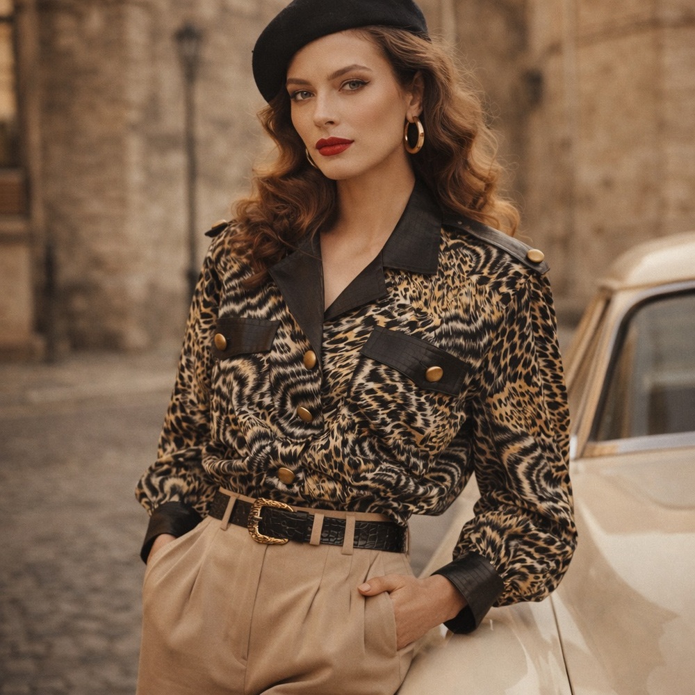 Leopard Print Button-Down Shirt with Faux Leather Trim - Taupe/Black